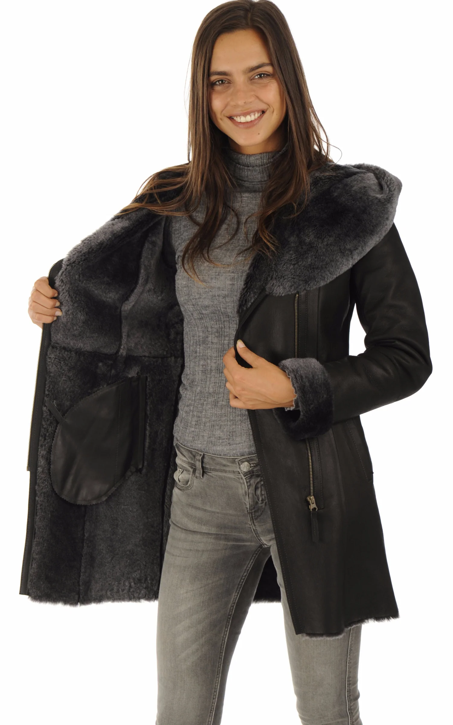 Veste peau lainée cintrée noir – Image 3